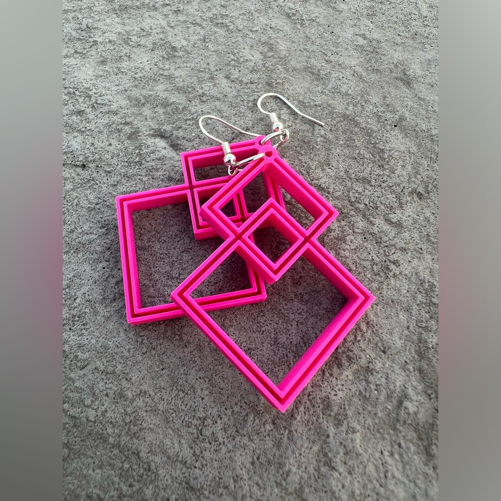 Double Squares Hot Pink 3D designed & printer Dangle earrings